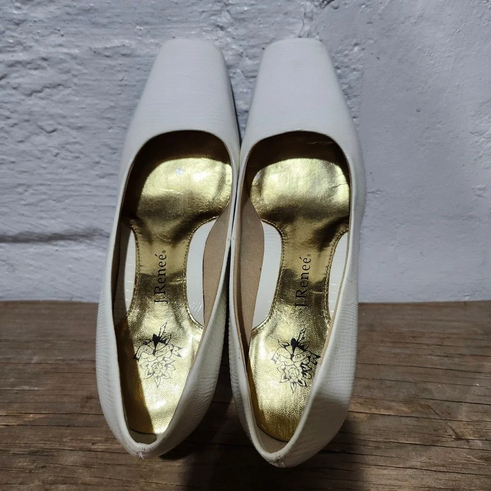 J. Renee Vtg Women White Lizard Embossed Square Toe Block Heel Gold Detail 7.5